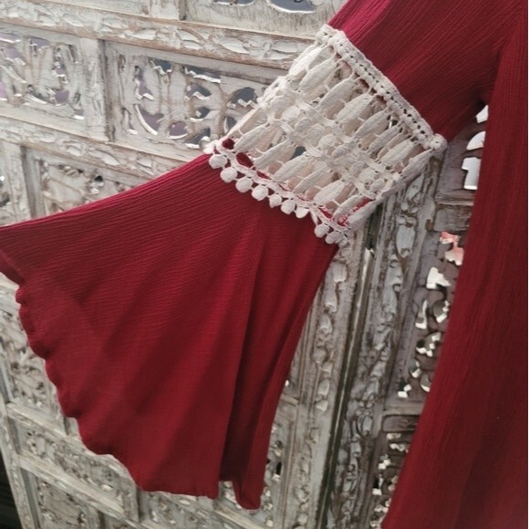 Entro Womens Burgundy Bohemian Long Bell Sleeve Dress with Crochet Accent Detail - Picture 7 of 16